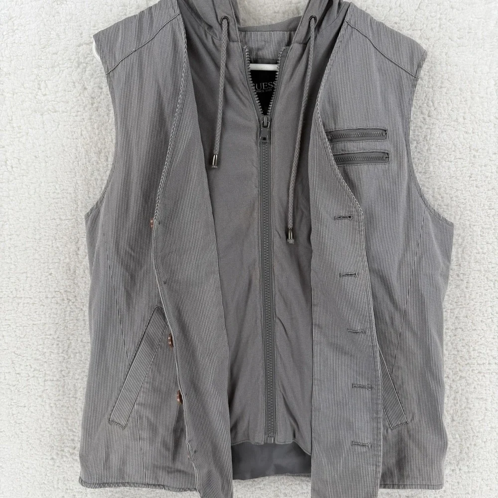 Guess Vest‎ Mens Large Gray Hooded Button Zip Layered Striped Casual X31N01W2FY0